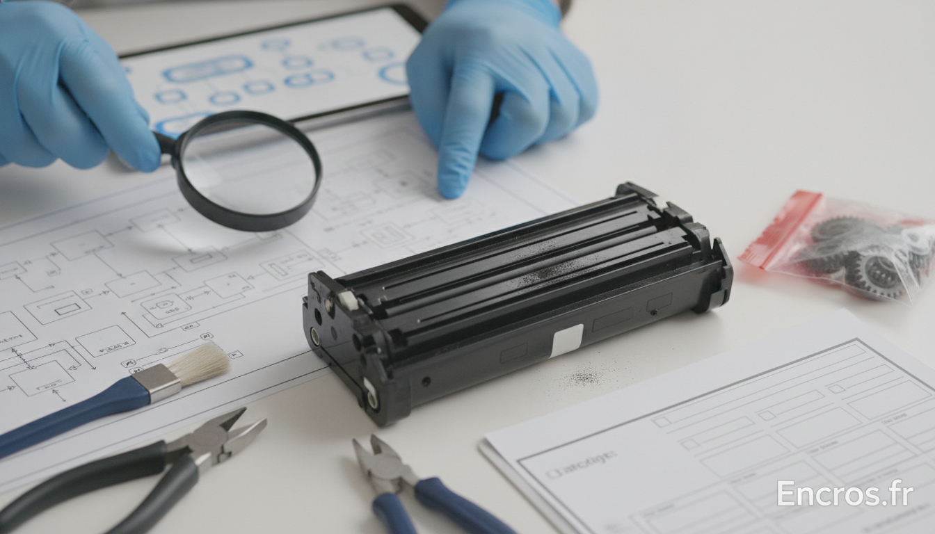 Plan montrant des objets et repères de sécurité sur une zone de travail, avec gants, documents et outils de diagnostic.