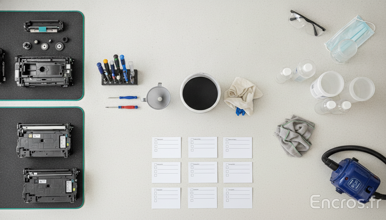 Plan de travail dédié à la recharge d’un toner avec outils et objets disposés