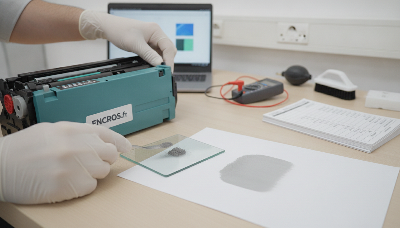 Diagnostic post-recharge de toner : observations externes et décision prudente face à un fond gris