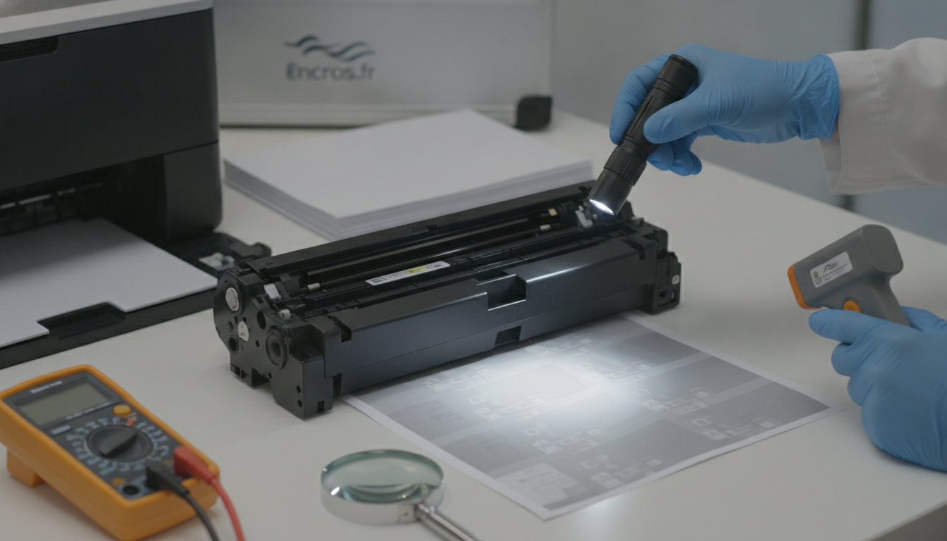Cartouche de toner posée sur une surface protégée lors d’une inspection extérieure.