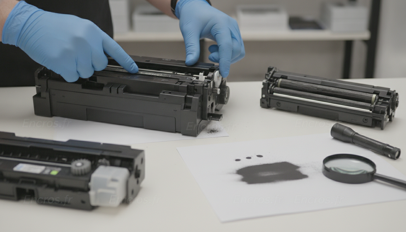 Plan montrant des traces de toner autour d’une cartouche et d’un bac, avec outils et repères de diagnostic visibles.