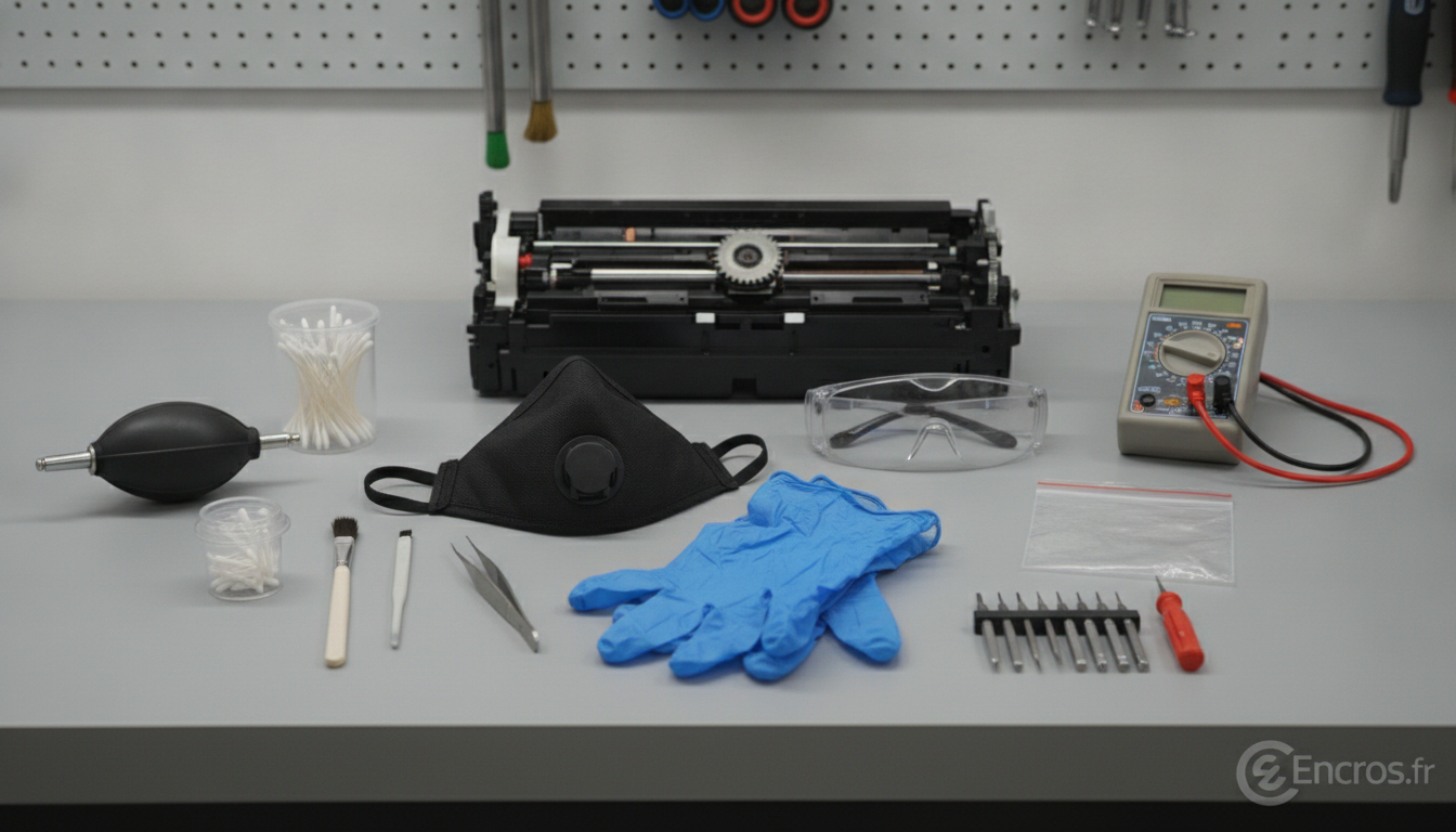 Gants, lunettes de protection, chiffon antistatique et outils alignés sur une surface de travail pour l’inspection des dépôts de toner.