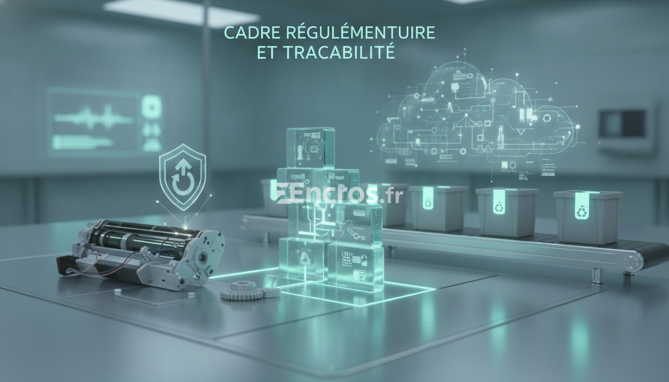 Écran d’ordinateur affichant le document Évolutions réglementaires 2026, posé sur un bureau accompagné d’un classeur, d’un stylo et d’un post-it portant Encros.fr.