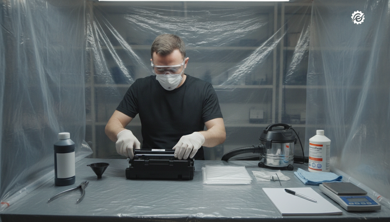 Gants, lunettes de protection, surface de travail protégée et documents de traçabilité à proximité d’un toner