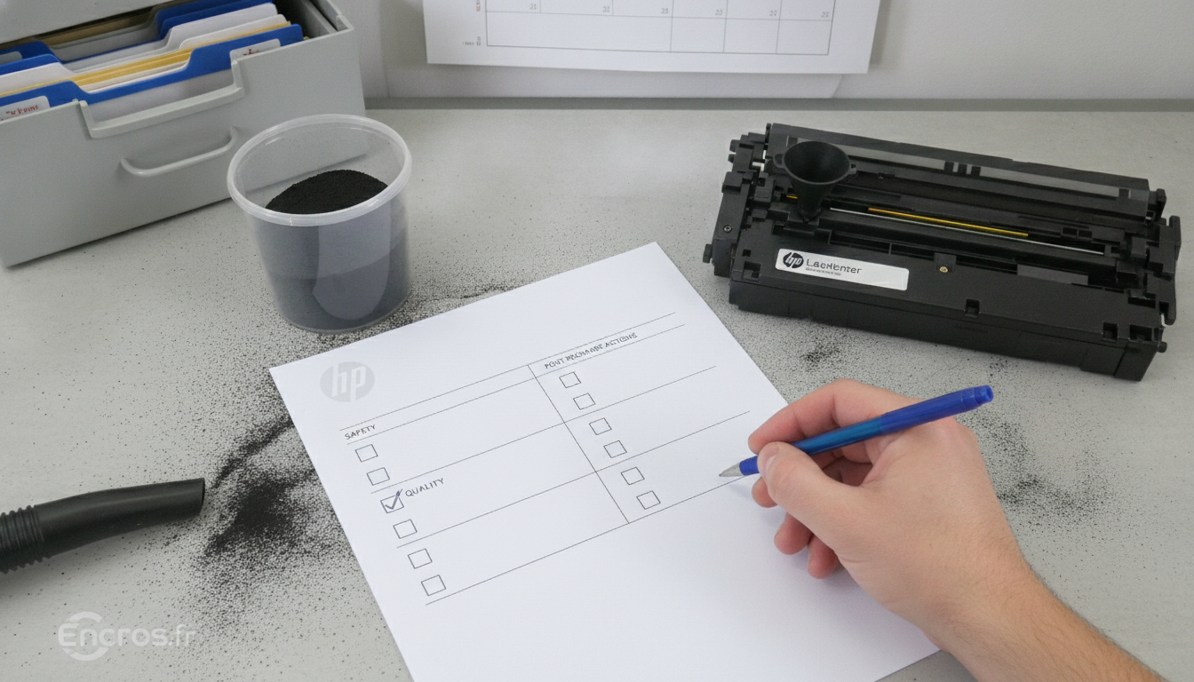 Une check-list papier avec des cases à cocher posée sur une table, à côté d’un kit de recharge et d’un carnet.