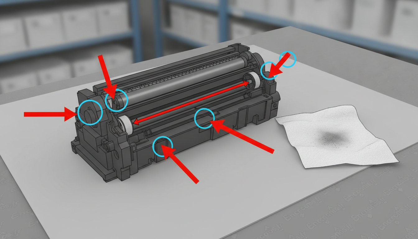 Cartouche, joints et raccords disposés sur la zone d’inspection, avec repères clairs visibles sans démontage.