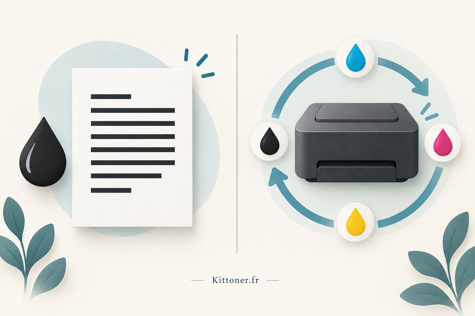 Illustration Kittoner.fr distinguant une page noire et les cycles internes d’une imprimante générique
