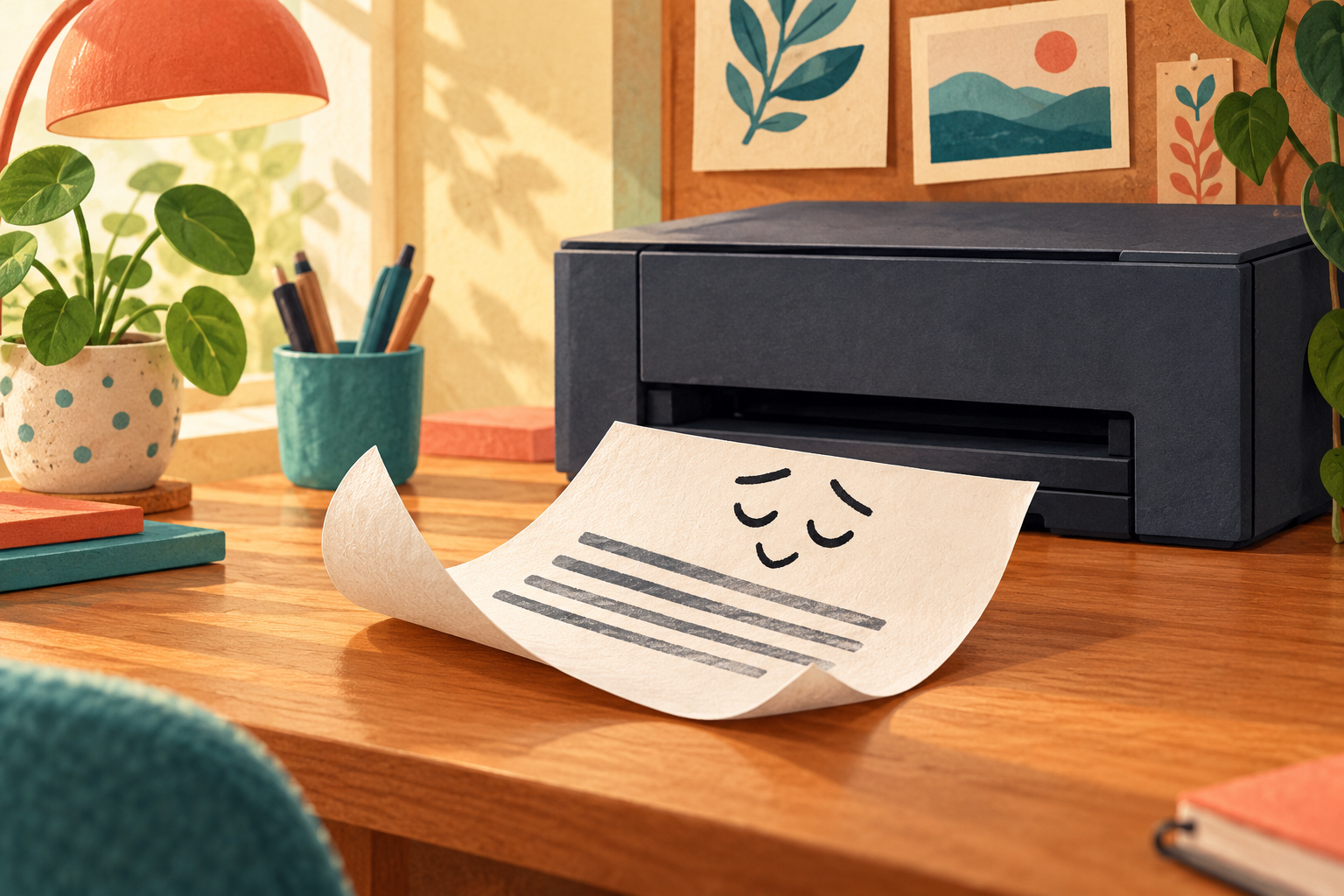 Illustration d’une feuille courbée sur un bureau devant une imprimante générique fermée