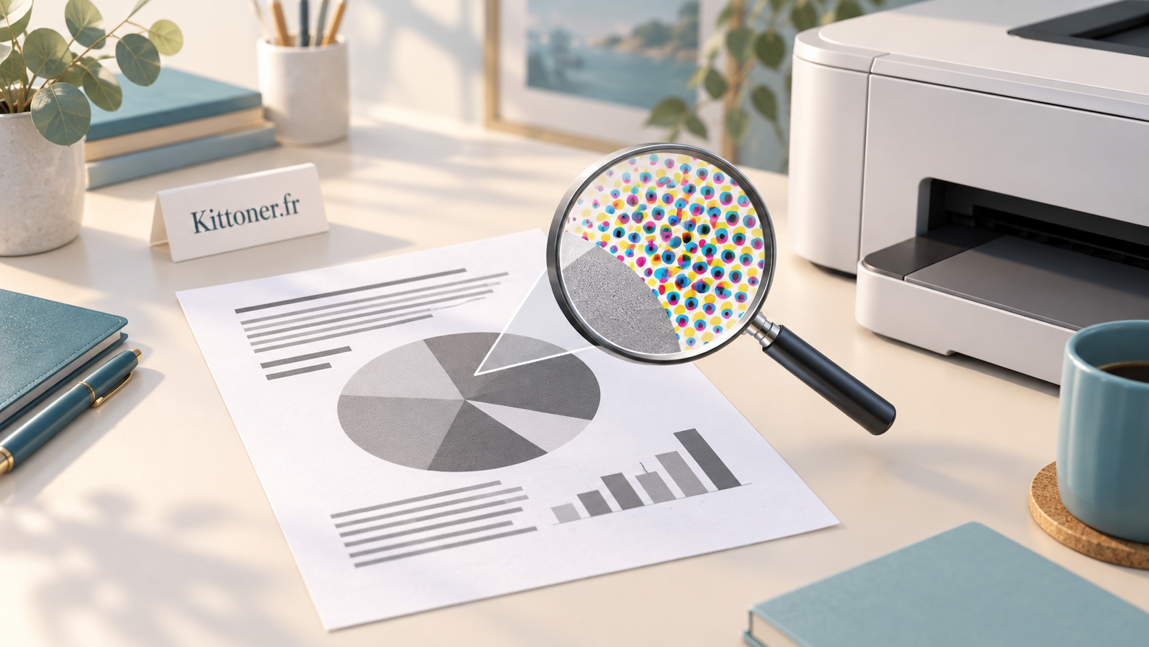 Illustration conceptuelle d’une page grise dont une loupe révèle des points colorés, avec une carte Kittoner.fr