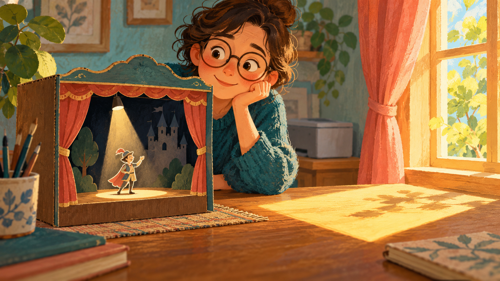 Scène conceptuelle de théâtre miniature avec un éclairage précis et une fenêtre ensoleillée, sans pièce réelle d’imprimante