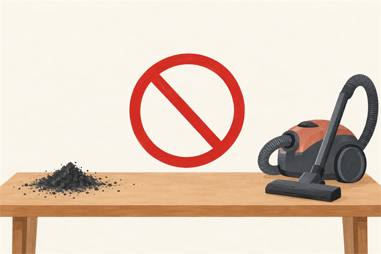 Illustration conceptuelle : un signe d’interdiction rouge sépare un aspirateur ordinaire d’un dépôt de poudre sur une table