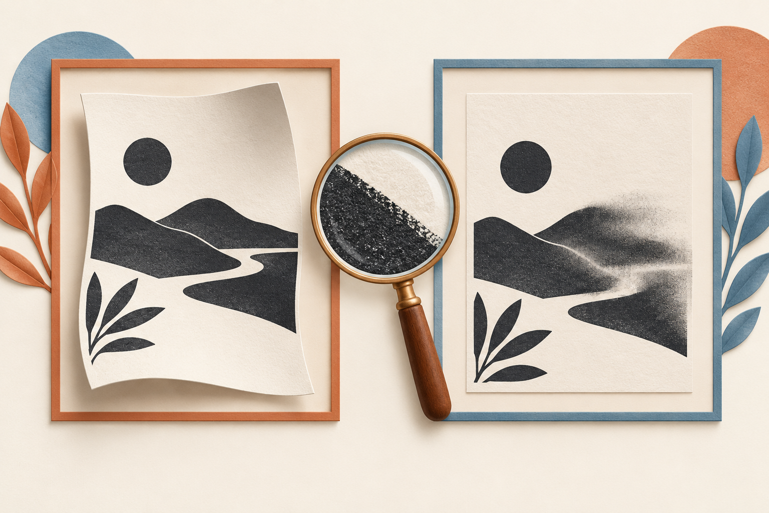 Illustration comparant une feuille courbée et une image brouillée sur une feuille plate