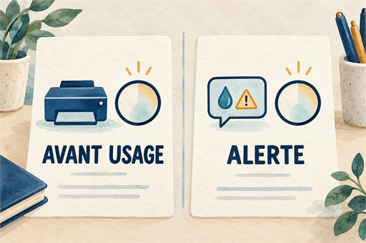 Deux cartes illustrées séparent l’attente avant usage et la réponse à une alerte, avec des horloges symboliques